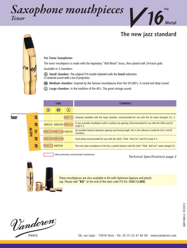 Vandoren | V16 Small Chamber Tenor Saxophone Mouthpiece | Metal
